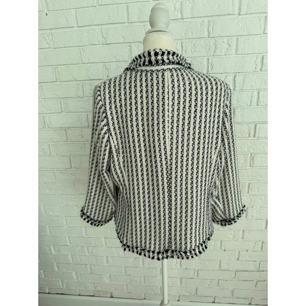 G by Giuliana Tweed Blazer‎ Women Large Navy/White Excellent Fringe Striped